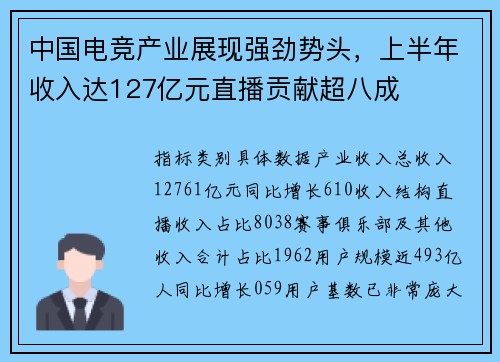 中国电竞产业展现强劲势头，上半年收入达127亿元直播贡献超八成